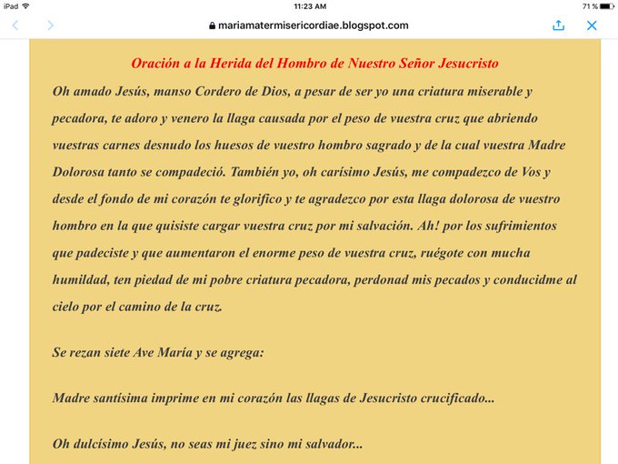 ORACIÓN A LA SANTA LLAGA DEL SAGRADO HOMBRO DE NUESTRO SEÑOR JESUCRISTO.