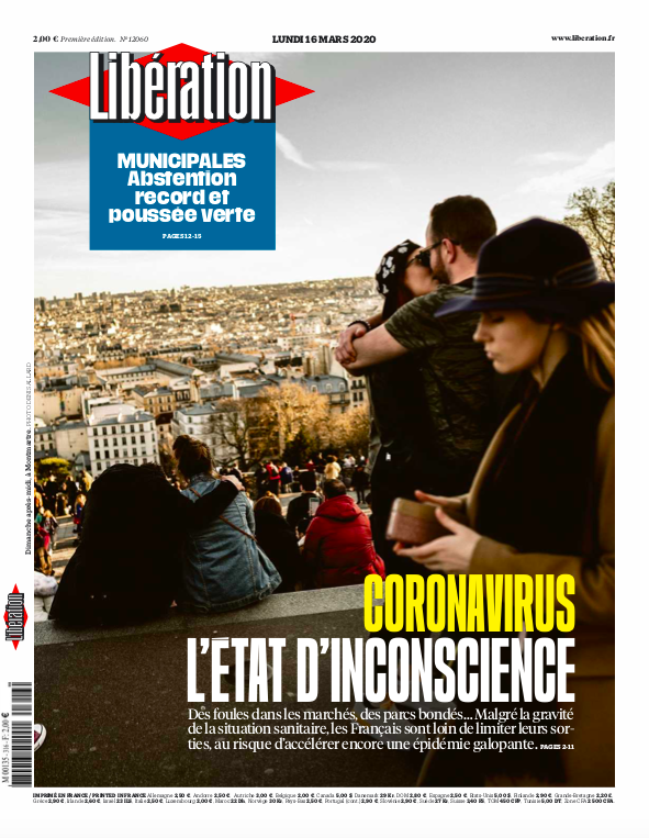 Christof_Israel's tweet photo. #Une @libe #coronavirus "L'état d'inconscience" 
Des foules dans les marchés, des parcs bondés… Malgré la gravité de la situation sanitaire, les Français sont loin de limiter leurs sorties, au risque d’accélérer encore une épidémie galopante.
> https://t.co/j3POeDBdUY https://t.co/2DskplnPp9
