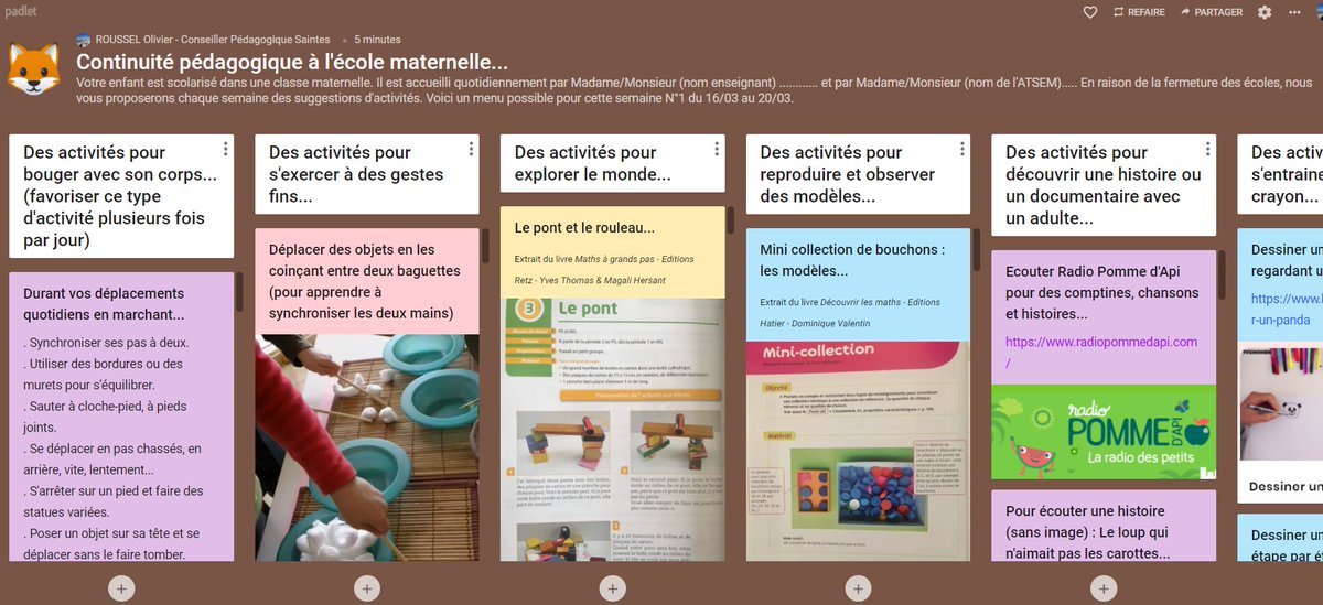 Cogitations d'un C.P.C. 💡pour des propositions aux équipes de cycle 1 dès demain sur la #ContinuitePedagogique à l'école maternelle. Le #padlet une architecture simple à intégrer et modifier par chacun en fonction des besoins de ses élèves padlet.com/olivier_rousse…