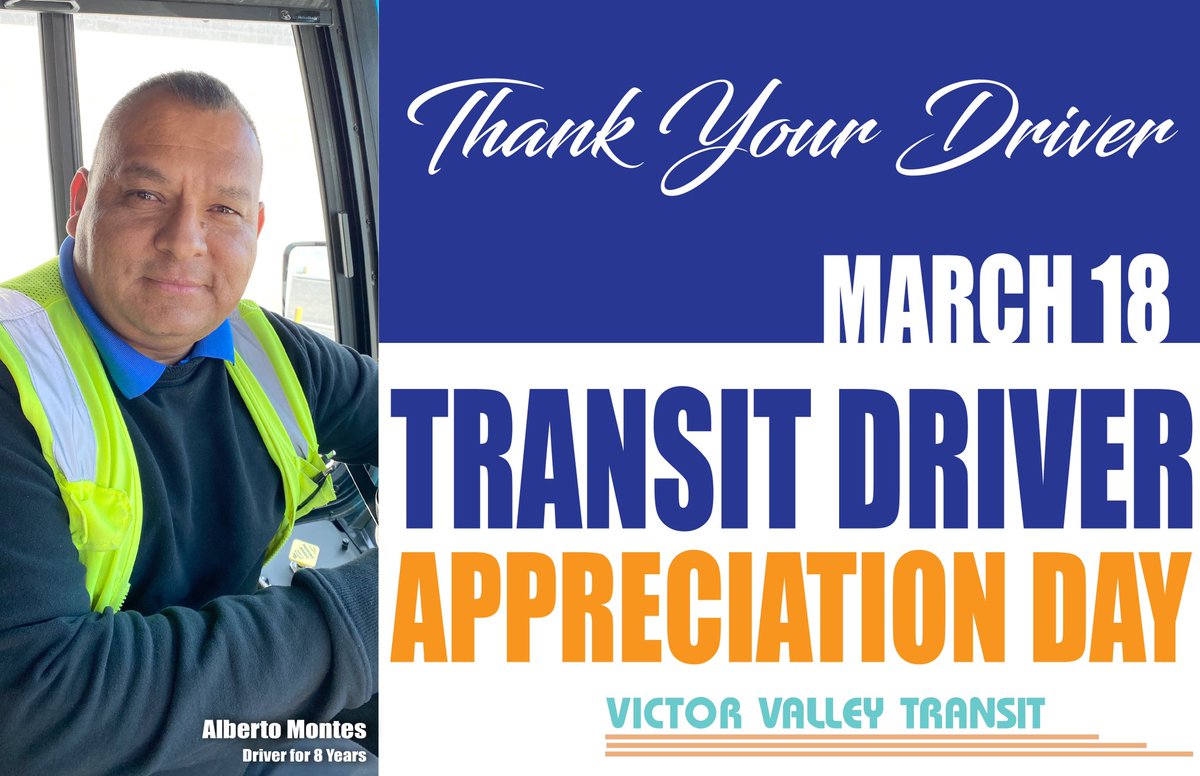 Next up we give a Shout out to Alberto, who has been driving since 2012!  Give him a big Thanks on March 18! @vvtransit #vvta #nationaltransitdriverappreciationday