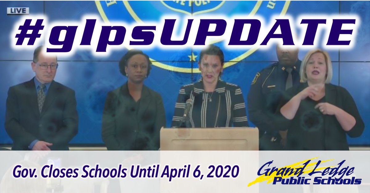 GLPS_rightnow's tweet photo. No school Monday; all GLPS school buildings will be closed until Monday, April 6 as ordered by Gov. Whitmer.

More information will be shared Monday. Please be patient, and please follow advice of the CDC and health officials:

https://t.co/9FrOIAwxfR

https://t.co/i9J9fSiSWb https://t.co/Yiap2RwkTr