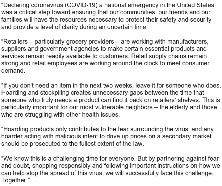 CourtReagan's tweet photo. Joint statement from retail lobby group @NRFnews @RILAtweets urging consumers not to hoard. Full statement here, but in short "if you don't need an item in the next 2 weeks, leave it for someone who does....hoarding products only contributes to the fear surrounding the virus" https://t.co/EAQEw6NpKx
