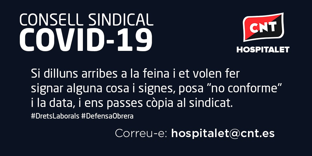 CNT_LH's tweet photo. Consell sindical. En moments de crisis, confia en la teva organització de classe.
Contra els abusos, organitza't en el teu lloc de feina. ✊🏾😉🚩🏴
#EntitatsLH #CuentaConCNT #COVIDー19 #CoronavirusESP #CuarentenaCoronavirus #LH #lhospitalet #ModelLH https://t.co/C4ZP16RIAW