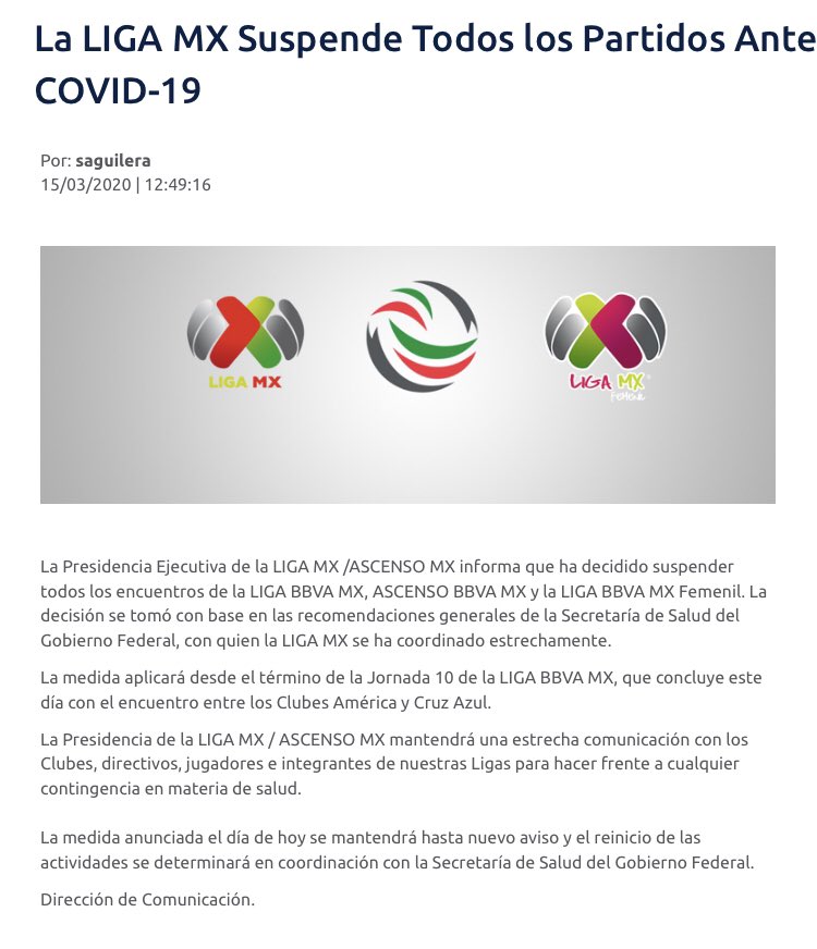 ASISOYTV's tweet photo. Se suspenden todos los partidos de la #LigaMx de fútbol ante contingencia  de #covid_19 https://t.co/WpMhclvtZa