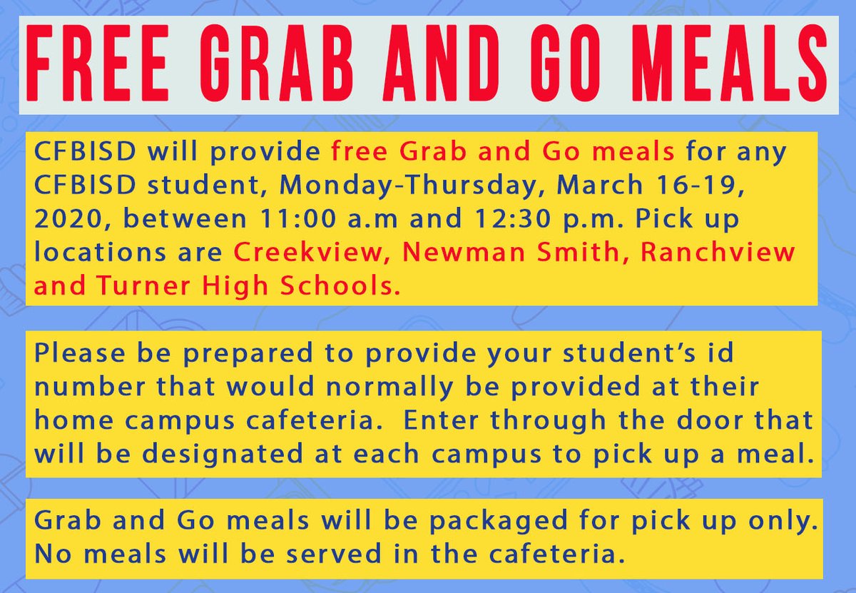 CFBISD's tweet photo. 𝙍𝙀𝙈𝙄𝙉𝘿𝙀𝙍: 𝙁𝙍𝙀𝙀 𝙂𝙍𝘼𝘽 𝘼𝙉𝘿 𝙂𝙊 𝙈𝙀𝘼𝙇𝙎

CFIBSD will provide free Grab and Go meals for any CFBISD student 

** Sanitation stations will be on-site, and social distancing will be put into effect during the pick-up process. **

#cfbsafe #cfbisd https://t.co/MKCh9yuVBA