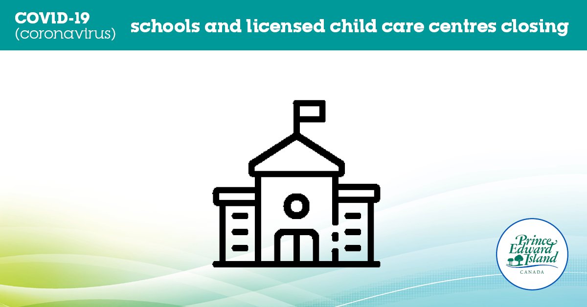 Eff Mar 17, all public licensed child care centres closed until further notice and all public schools will be closed for two weeks following March Break (until April 6) and will be reassessed at that time. 

Read the full release here: princeedwardisland.ca/en/news/provin…