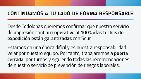 Todolonas's tweet photo. Desde #Todolonas queremos confirmar que nuestros servicio de impresión continúa operativo al 100% y las fechas de expedición están garantizadas con Seur.

Estamos en una época difícil y es nuestra responsabilidad velar por nuestro equipo. Por tanto, trabajaremos a PUERTA CERRADA https://t.co/pY9ZGZwZz4