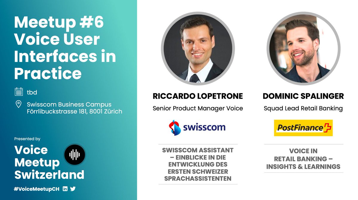 Vorfreude ist bekanntlich die schönste Freude!🙌🏻

Gerne teilen wir mit euch das Lineup für das nächste #VoiceMeetupCH. Mit Riccardo und Dominic teilen zwei ausgewiesene Voice-Profis ihre Erfahrungen aus der Praxis.

Der Termin für das Meetup wird zu gegebener Zeit kommuniziert.