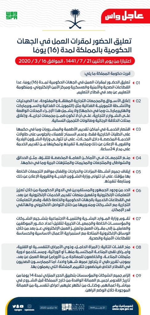 SPAregions's tweet photo. تعليق الحضور لمقرات العمل في الجهات الحكومية بالمملكة لمدة (16) يومًا 
اعتبارًا من يوم الاثنين 21 / 7 / 1441 هـ ، الموافق 16 / 3 / 2020م.
#واس_عام https://t.co/dMhzuYuq69