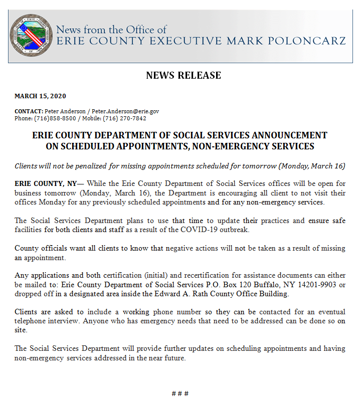 markpoloncarz's tweet photo. While @ECSocServices offices will be open for business on Monday, March 16, the Department is encouraging all client to not visit their offices Monday for any previously scheduled appointments and for any non-emergency services. More:

https://t.co/doPHQltu9p https://t.co/RVKjuDlPri