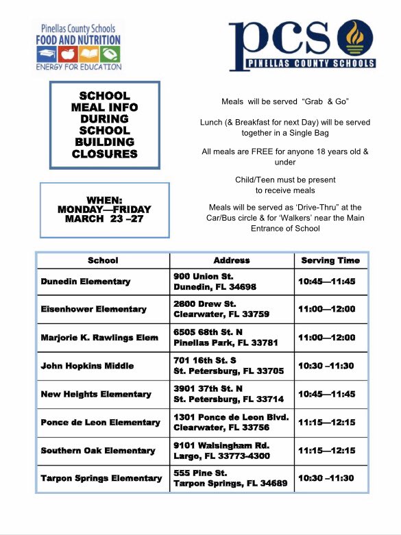 UPDATE: SCHOOL MEALS As part of Pinellas County Schools emergency plan during school closures, the district will provide prepackaged lunch and breakfast to students from March 23-March 27, this is the week students would have returned to school after spring break. SEE 
Flyer #PCS