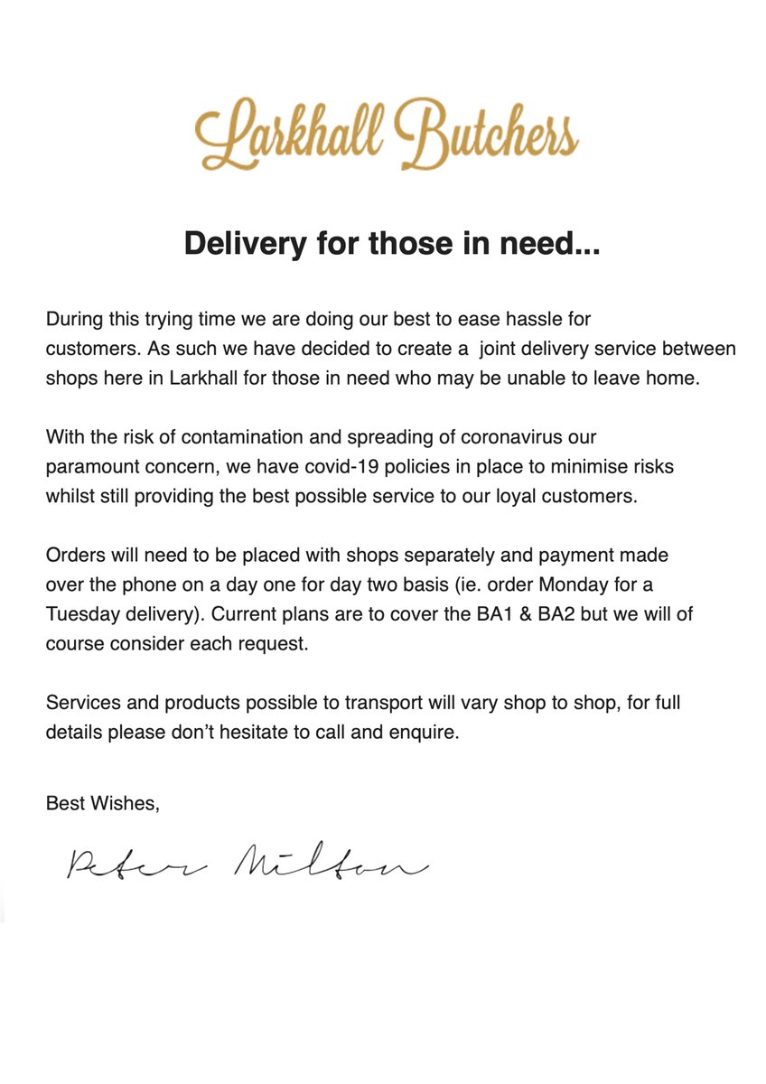 LarkhallButcher's tweet photo. A message from Peter on behalf of the shops of Larkhall. https://t.co/VHRm9BObjm