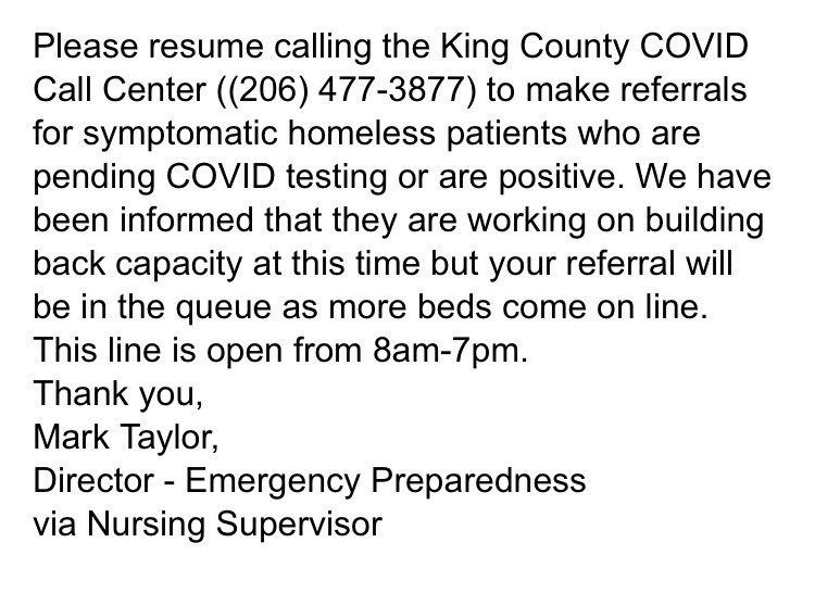 daeshikjr's tweet image. Seattle hospitals are maxed out. This is from UW medicine to Harborview (3/13). Our homeless population who test positive can’t stay in the hospitals and don’t have homes to self quarantine.

@MayorJenny is STILL destroying homeless encampments leaving folx with no where to go.