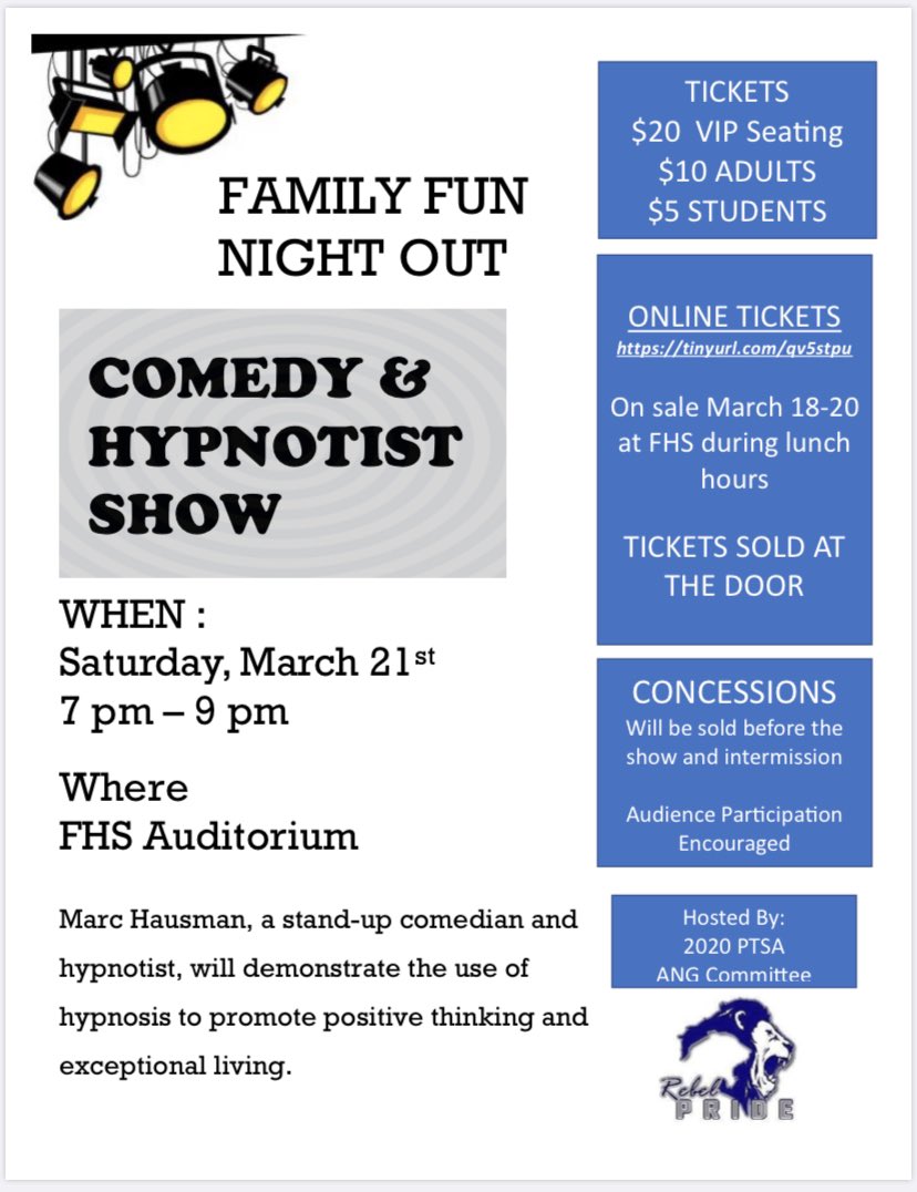 Sadly we had to cancel this major fundraiser but if you would like to make a donation instead please go to the fairfaxptsa.org website and under the FHS ANG tab you can make a donation!