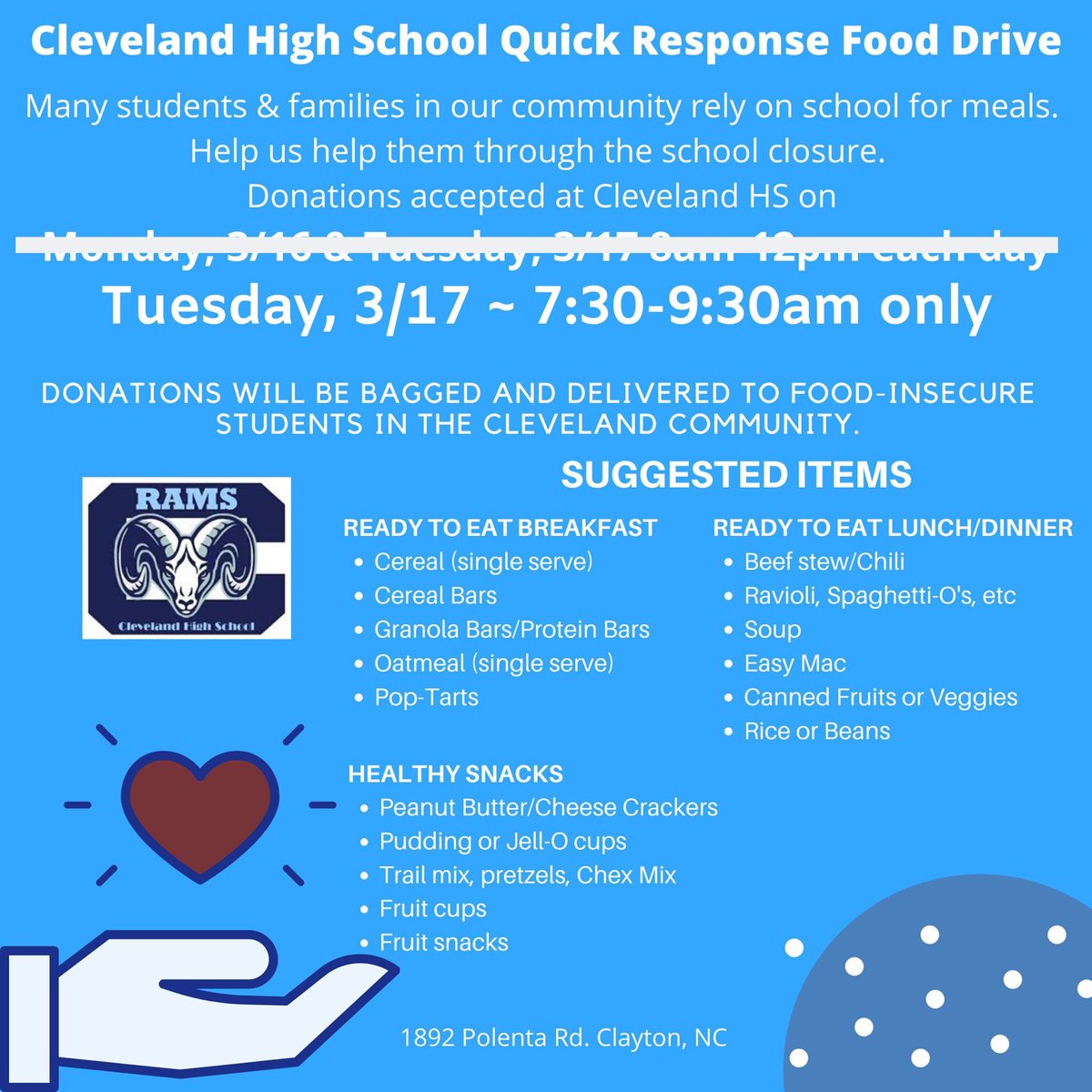 🚨UPDATE: All JCPS School &amp; Central Office buildings are closed to all staff on Monday.  We will accept non-perishable food items on TUES, 3/17 from 7:30-9:30AM only.  Volunteers will collect items curbside in front carpool circle. Thank you for your flexibility. #clevelandproud