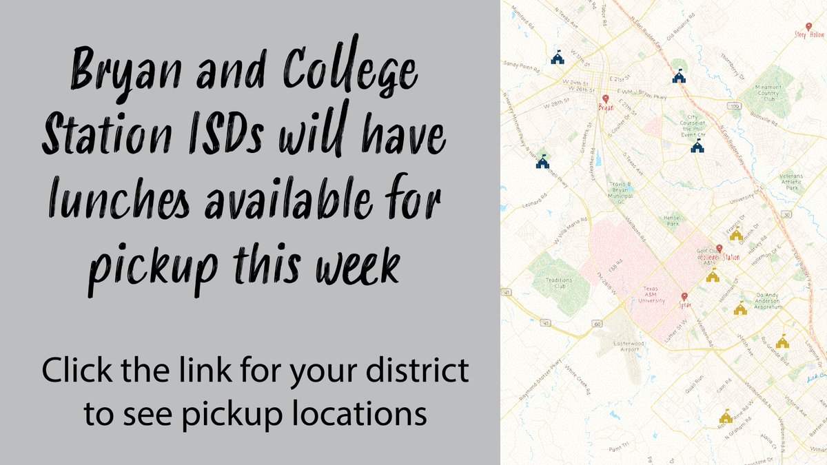 rjzehnder's tweet photo. Bryan and College Station school districts will be serving lunches this week while closed for #COVID19.  Click the links for pickup locations.

Bryan: https://t.co/0lLNVi0WsO
College Station: https://t.co/wq5b8T64g9 https://t.co/7yklHPJ13s