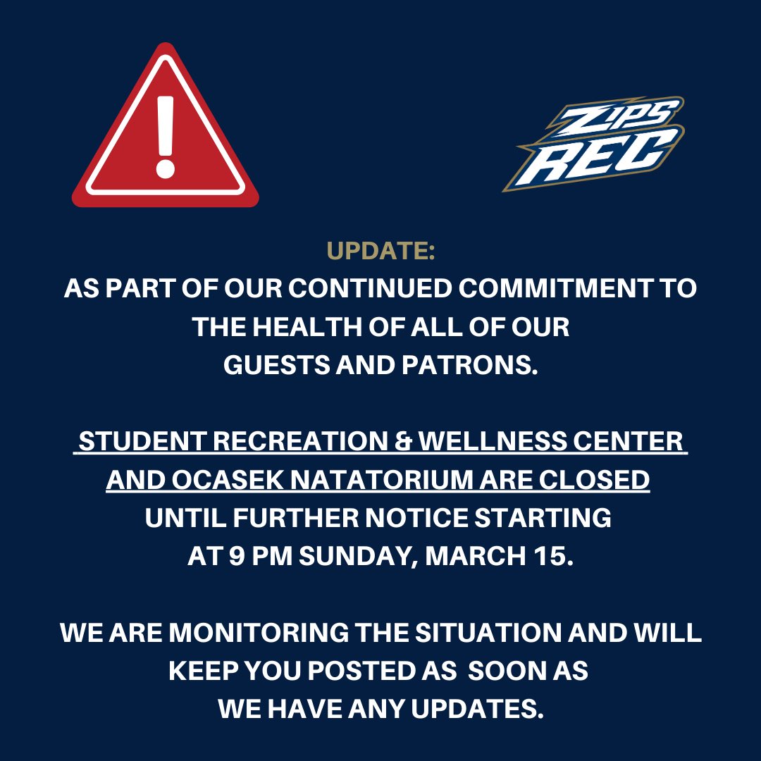 The Student Recreation &amp; Wellness Center and Ocasek Natatorium are CLOSED until further notice.
 
Thank you for your patience and understanding.  
 
All updates will be posted and shared ASAP.
uakron.edu/rec