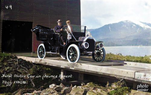 PhotoPainterBC's tweet photo. I'm self isolating at home and #colourizing my hometown #PrinceRupert. This is Prince Rupert's first motorcar driven by T.D. Pattullo. See more of this collection at https://t.co/wYKbRTgSuI #BritishColumbia #COVIDCanada #oldphotos #colorization #colourization https://t.co/swmuCy06ot