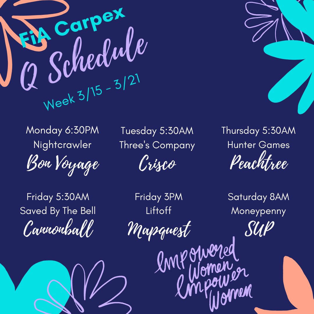 FiA Cary/Apex (@fiacarpex) on Twitter photo Your Q schedule for this week. Your Q schedule for this week.
