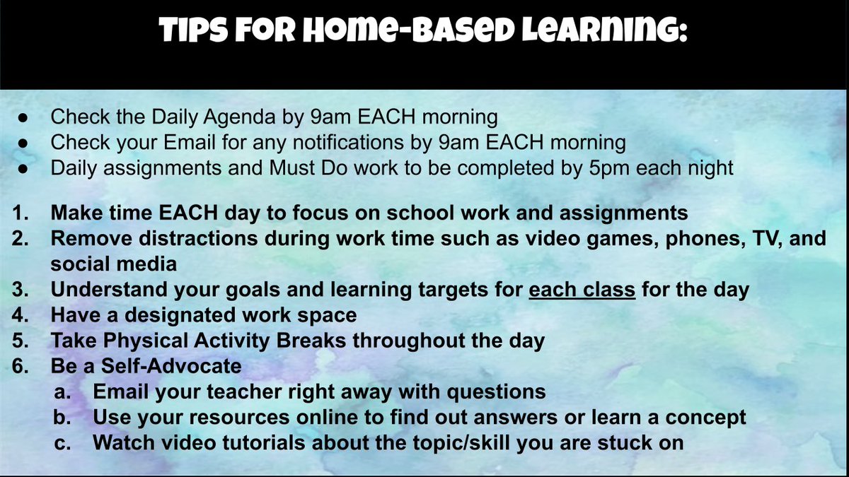 HortonKandi's tweet photo. As we transition to Home-Based Learning here are some tips for students! I sent this out with a daily agenda for all my students! #wcsFlight #WeAreInThisTogether #LearningContinuesAtHome #SupportStudentsAtHome #BeFlexible https://t.co/Rb1G3TdEm0