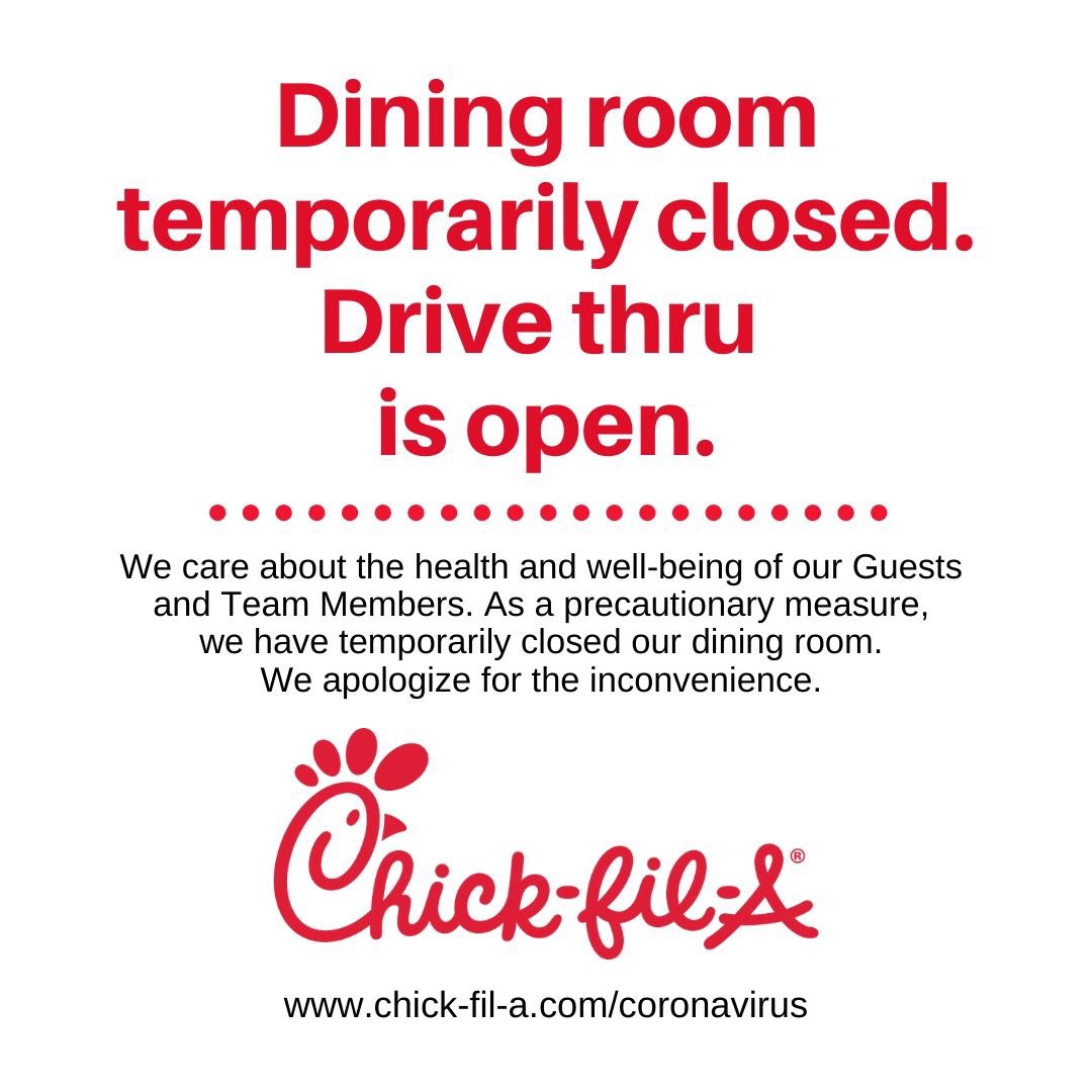 CFAStatesboro's tweet photo. As the COVID-19 situation evolves, the leadership at Chick-fil-A Statesboro continues to evaluate the health &amp; safety of our team members &amp; the community in which we serve. Starting Monday, March 16, 2020, we will serve all guests from the comfort of their vehicle. https://t.co/XqhzyPLWr4
