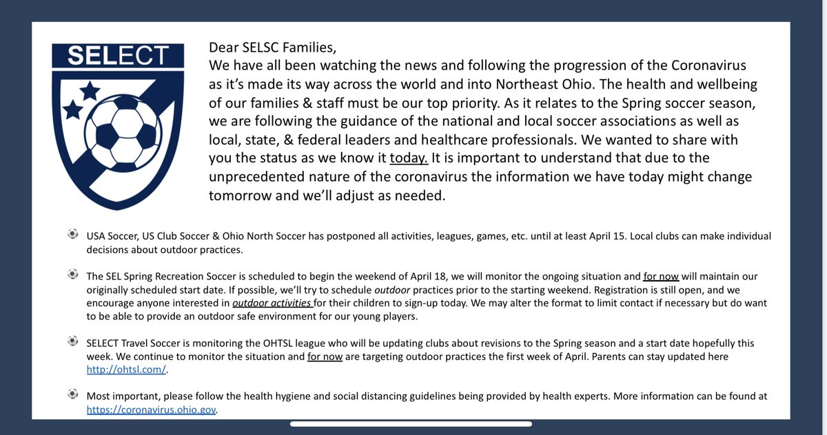 selscsoccer's tweet photo. UPDATE: @selscsoccer is monitoring the #covid19 situation &amp; will keep our members updated as the scheduled season draws closer.  Our first priority is health &amp; safety for all. Please see attached for the latest details we can share. https://t.co/rqGZZPosRU