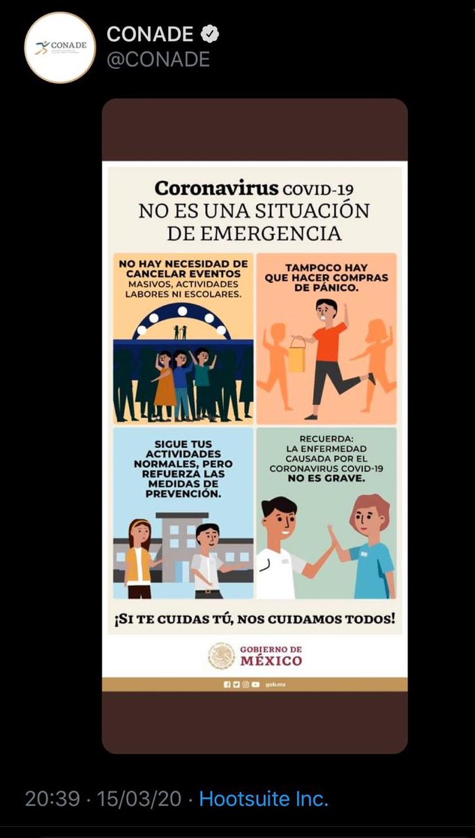 gdehoyoswalther's tweet image. La @CONADE publica que el #coronavirus no es una situación de emergencia. La actitud irresponsable del Presidente @lopezobrador_ es contagiosa en el @GobiernoMX. Espero que no tengan que cargar y pagar por la responsabilidad moral, jurídica y política de las vidas perdidas.