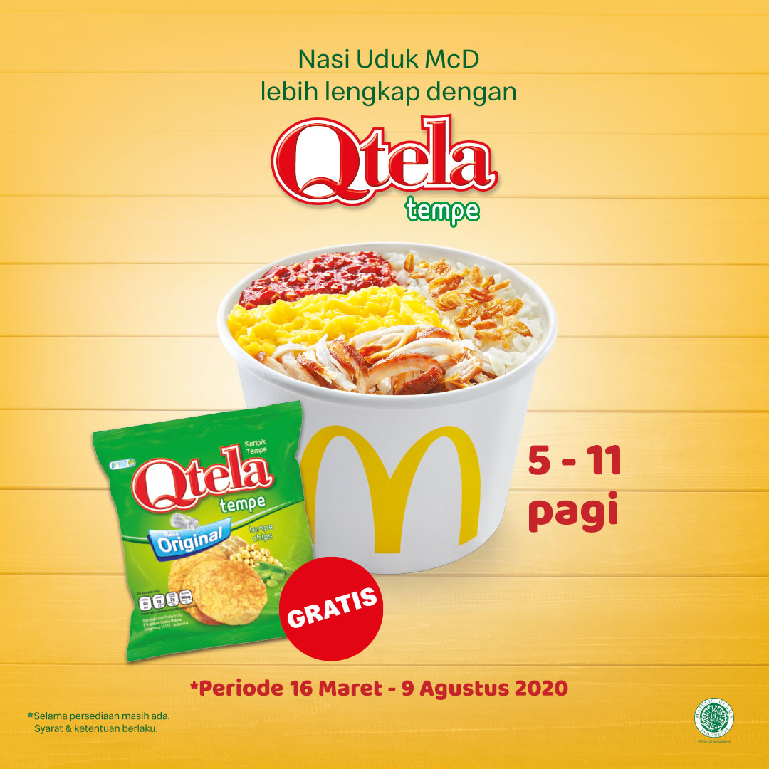 Sarapan pagi di Mcdonald's bikin kamu makin #QrasaIndonesianya! Setiap pembelian menu Nasi Uduk mcdonald’s, kamu akan mendapatkan gratis Qtela Tempe untuk menemani sarapan pagi kamu!
.
*Promo ini berlaku dari tanggal 16 Maret hingga 9 Agustus 2020!