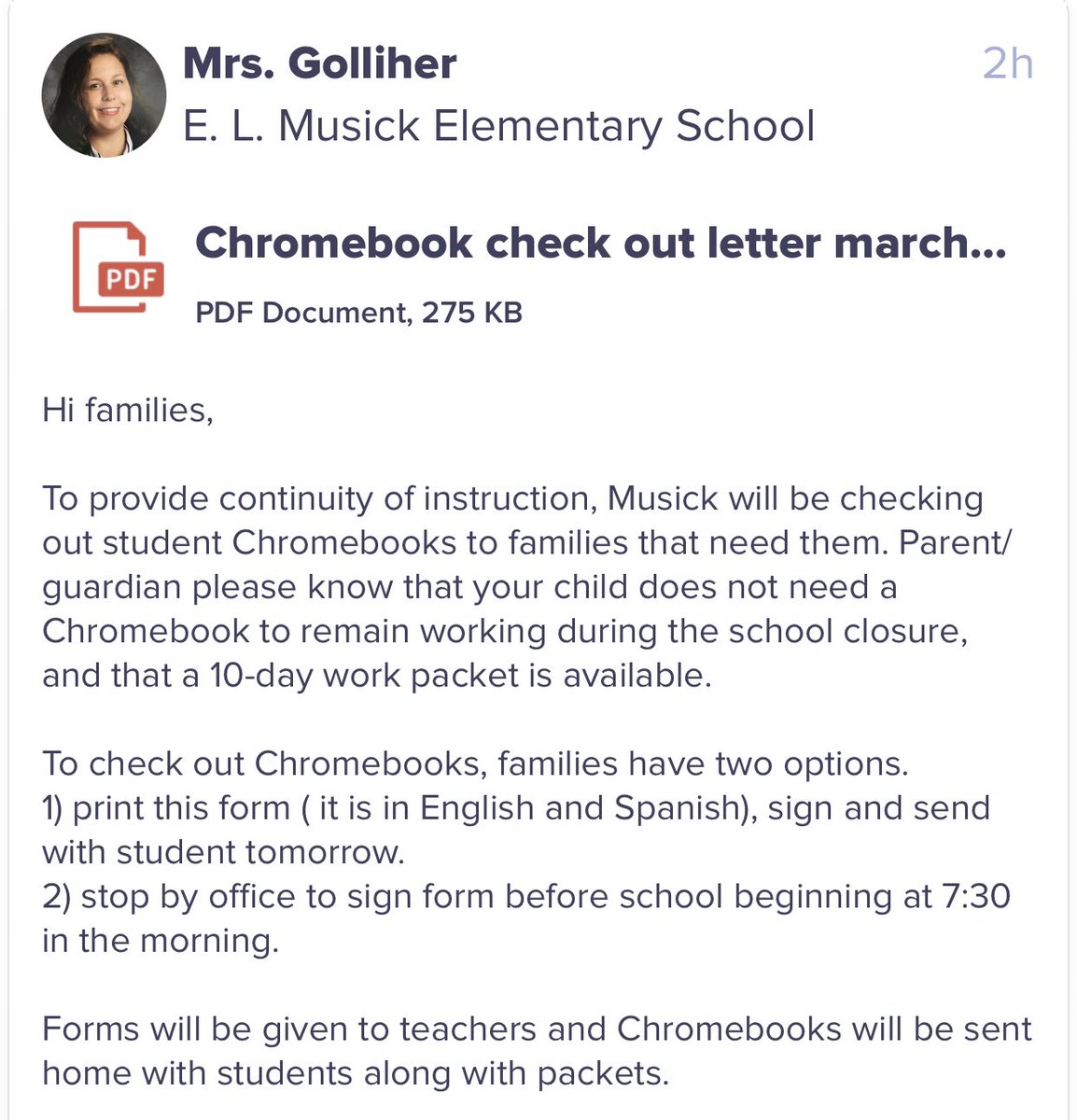 Musick_NUSD's tweet photo. Musick families, need a Chroomebook during our preventative closure? Checkout at office begins at 7:30am tomorrow.  Please go to DOJO post (see pic) to access Chroomebook Checkout Form you can print at home to save time in line tomorrow morning. 💻 

#TogetherWeRISE #MusickFamily https://t.co/imf5l7v4WR