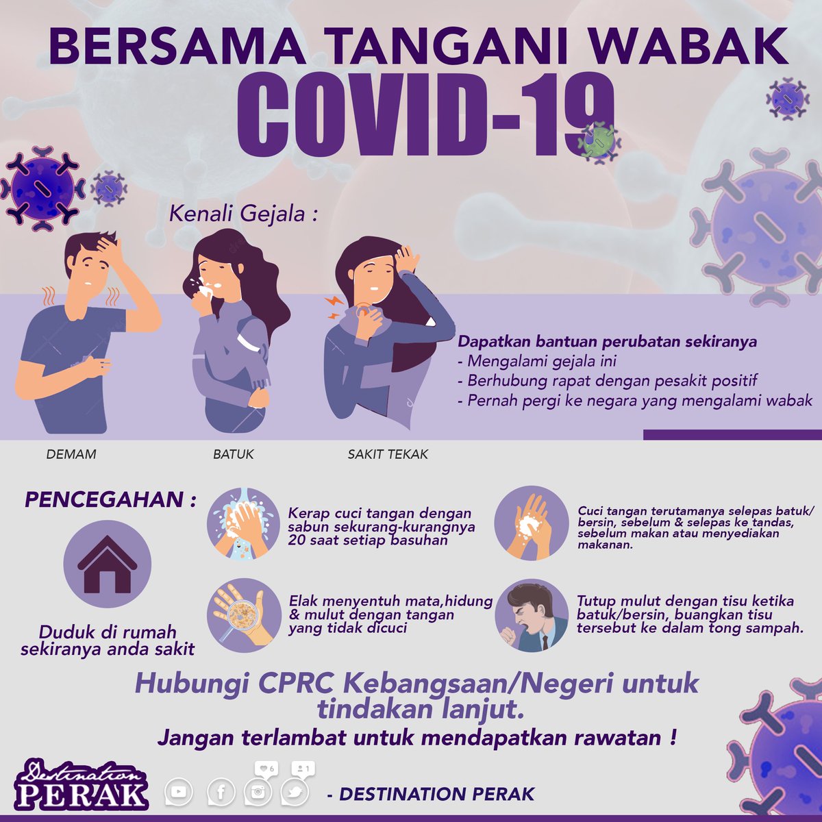destination_prk's tweet photo. Bersama Kita Tangani Wabak COVID-19

Patuhi segala langkah pencegahan &amp; elakkan berada yang dipenuhi orang. Be safe everyone !
#DestinationPerak #Covid19 #CoronaVirus #sihatmilikku https://t.co/Dxxi7A6CFw