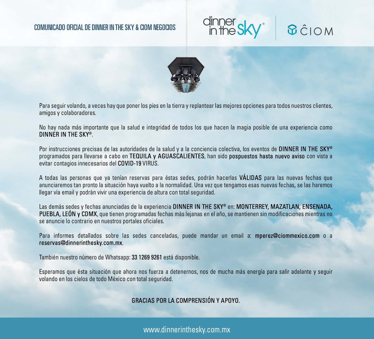 DITSMEXICO's tweet image. Información importante en tiempos de #CORONAVIRUS sobre eventos de Dinner in the Sky® en México.
#CuidemonosTodos.
dinnerinthesky.com.mx