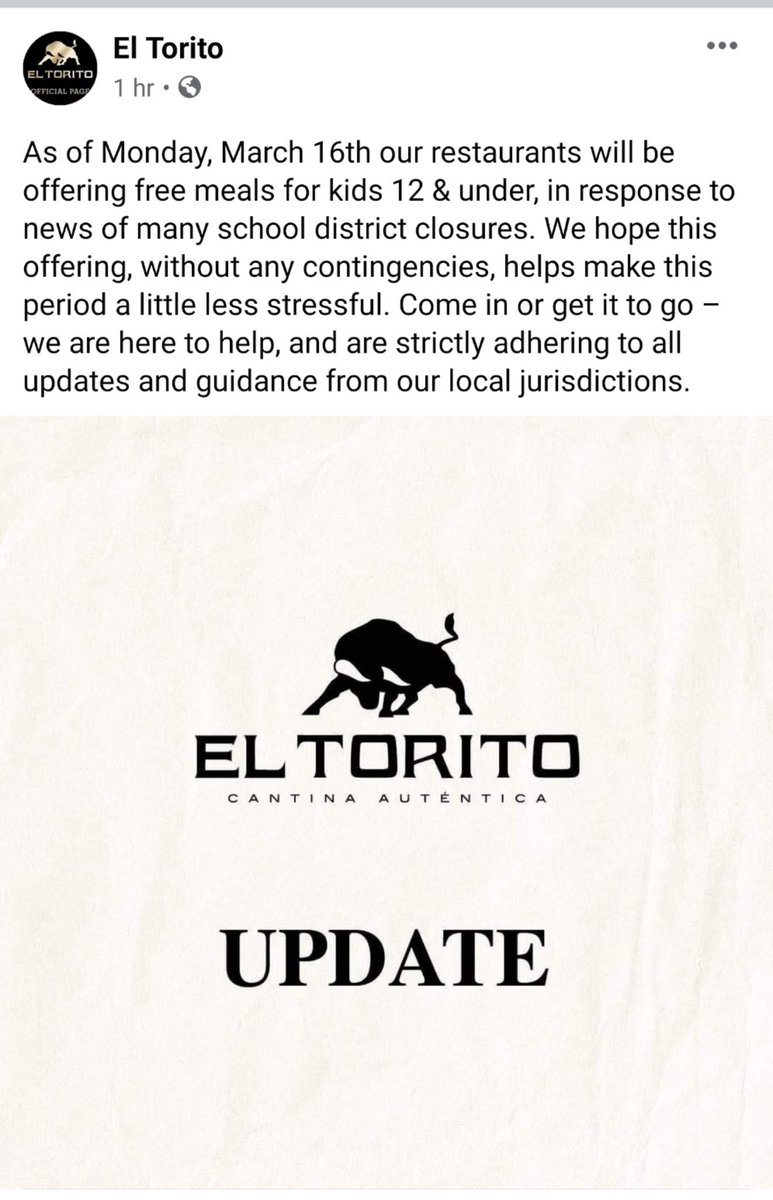 Great Job to <a href="/eltorito/">Miguelito</a> for providing lunch to our kids during this difficult time. Way to show support and stepping up to the plate.
