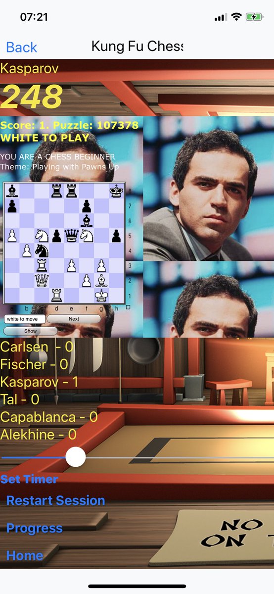 ChessKungfu's tweet image. Puzzle Chase. The chess feature that has you battling against @Kasparov63, @MagnusCarlsen and at least 4 other legendary world chess champions in a Puzzle solving tournament. #puzzlechase #chessapp