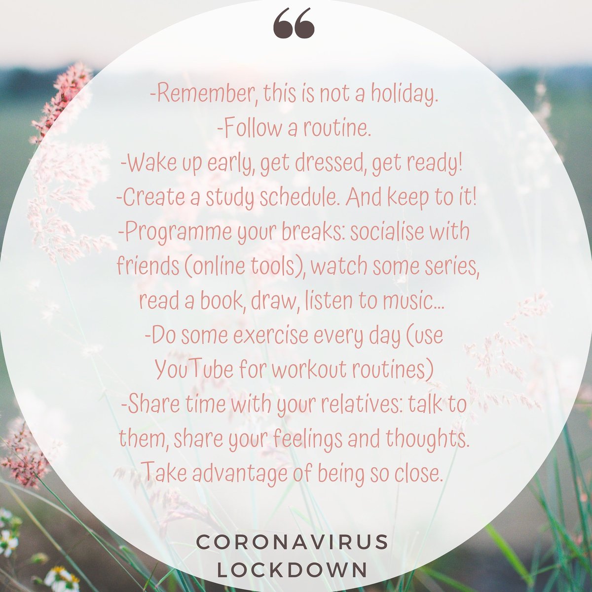 EnglishFuentes's tweet photo. Tips that can help you deal with this forced homeschooling period! You will need to organize your routine to make the best of it. Remember, this is not a holiday. Keeping up to a schedule will make your day easier. Physical activity will help you fight anxiety. Count on us! https://t.co/1xZSsZaBPX