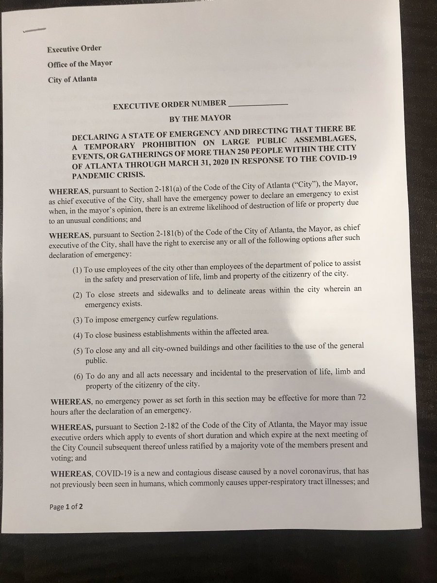 KeishaBottoms's tweet photo. In an effort to slow the spread of the Coronavirus, I have declared a State of Emergency within the city of Atlanta, prohibiting large public gatherings of more than 250 people. https://t.co/D8A3vwjtYW
