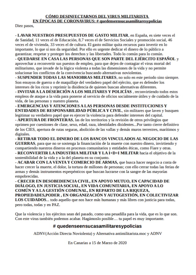 cgtzonasur's tweet photo. ESTADO DE ALARMA | Como desinfectarnos del virus #militarista en épocas de #Coronavirus #COVIDー19

La #UME ya patrulla en las principales ciudades del Estado.

#QuedenseEnSuCasaMilitaresyPolicias https://t.co/XfuSfHOPA9