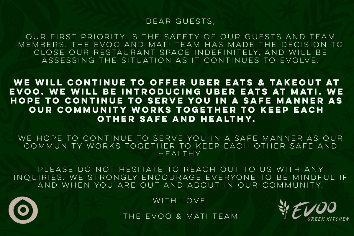Mati Ottawa will be closed indefinitely.

We would like to be there for those of you who prefer to order in while staying safe at home.

We will soon be available on <a href="/UberEats/">Uber Eats</a> to better serve our community.

We hope to be open again soon and will be updating all of you as needed.