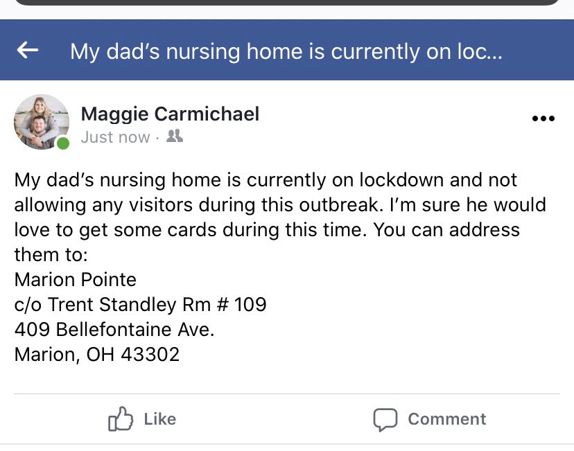 vicstandley's tweet photo. My dad’s nursing home is on lockdown and he relies heavily on outside visitors to brighten his day. If anyone would want to send him a card, it would impact his mood tremendously. The information for reaching him is attached. We appreciate anyone who shares or reaches out to him! https://t.co/MS22cQcU1Q