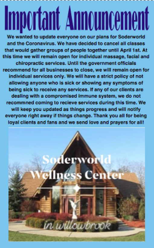 Soderworld is cancelling all classes/events until April 1st but will still be open for individual massage, facial, and chiropractic services. We will keep everyone updated as things change 🙏🏼