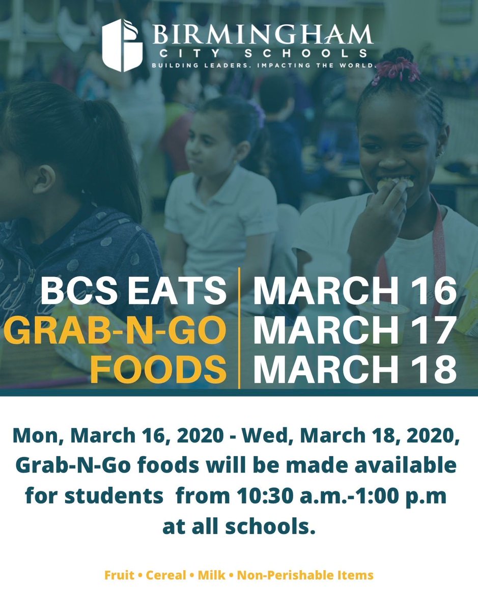 BhamCitySchools's tweet photo. #ForceForGreatness: BCS is prepared to serve free meals to students during the extended school closure beginning Monday, March 16 through Friday, April 3, 2020.
🔗https://t.co/EtsoyIjzex https://t.co/uTcmKscP0d