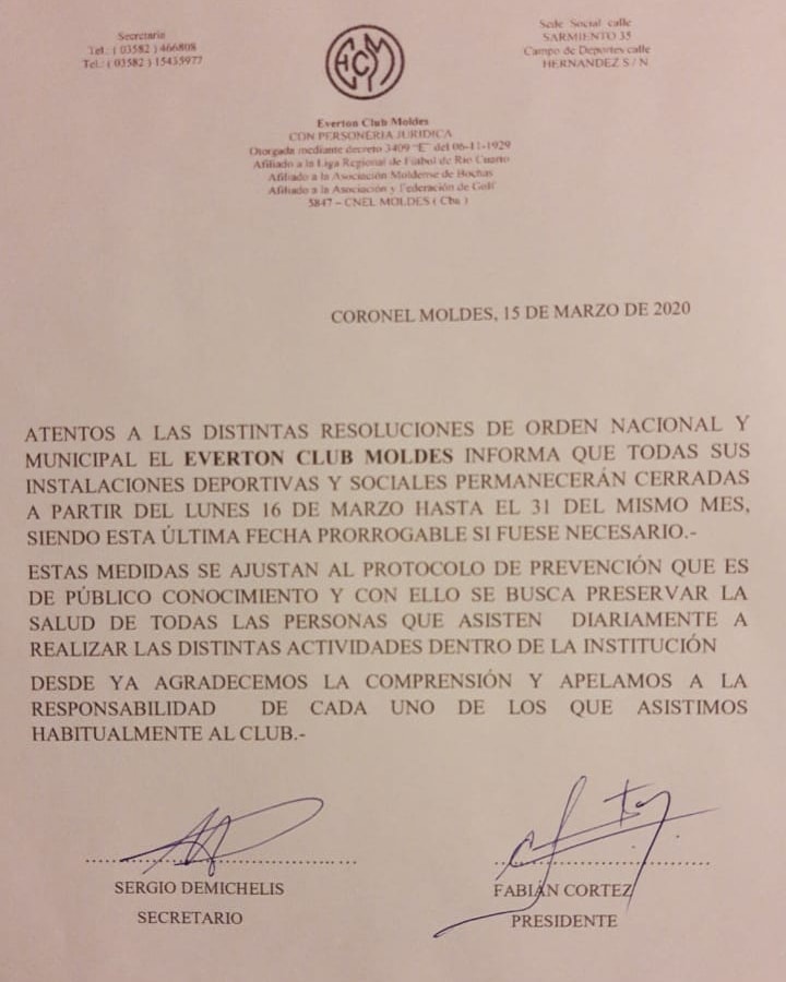 #Coronavirus
🎙️ Comunicado del <a href="/evertonmoldes/">Everton Club Moldes</a> 

Se suspenden todas las actividades sociales y deportivas dentro de la institución hasta el 31 de marzo inclusive.

#Departida #Deportes