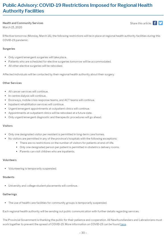 PremierofNL's tweet image. Effective tomorrow Monday, March 16, new restrictions will be in place at regional health authority facilities. Surgeries, other services, and  visitor rules all affected. 

Please see release for full details.