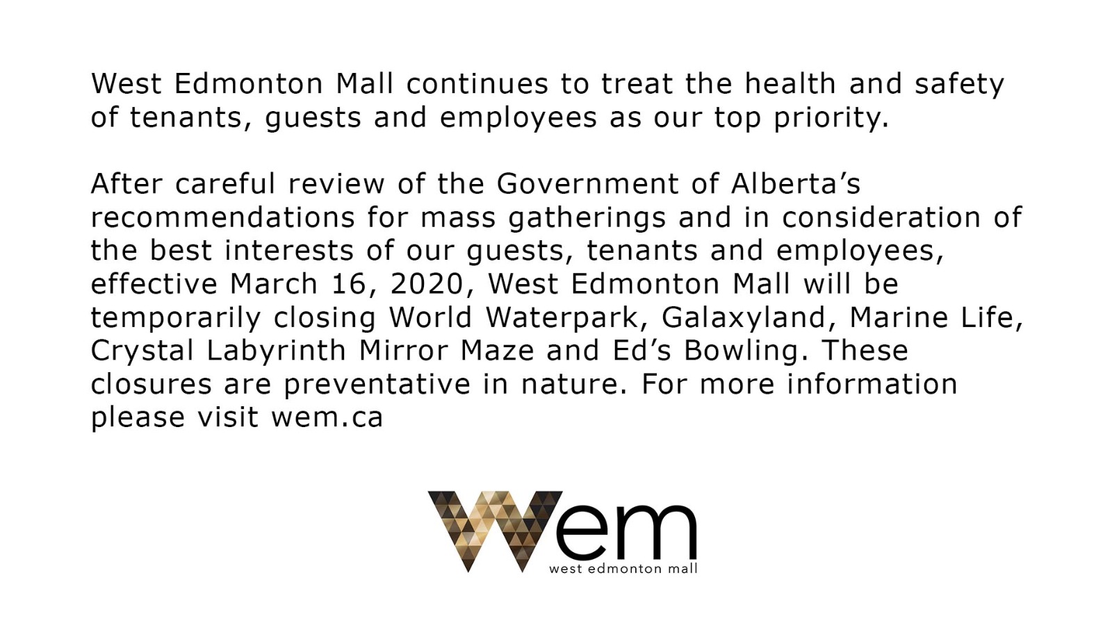West Edmonton Mall Covid 19 Update T Co Ogxmgi6gq8 Twitter
