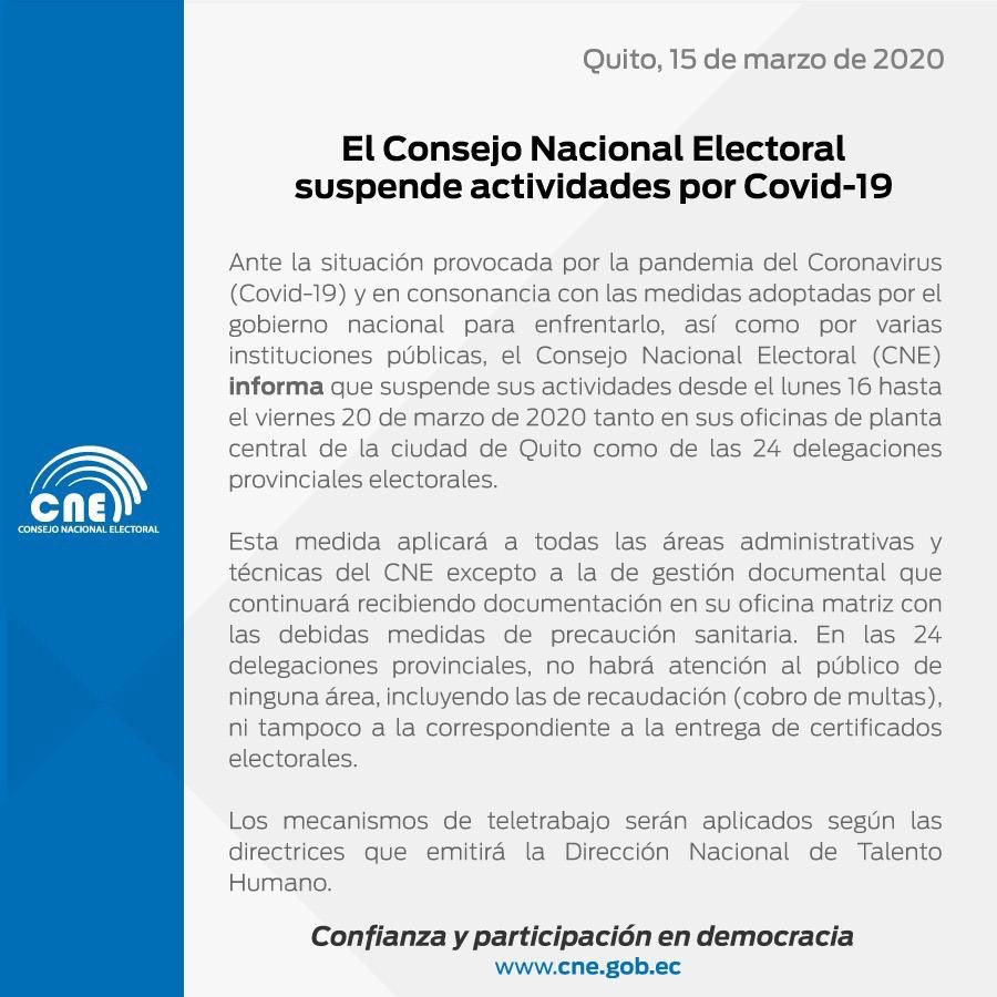 radioluzyvidaec's tweet photo. #LuzYVidaInforma
CNE suspende sus funciones a nivel nacional del 16 al 20 de marzo, así lo anuncian mediante comunicado.⤵️ https://t.co/vez90IFfYW