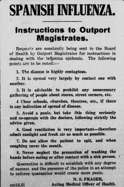DaleJarvis's tweet photo. Instructions regarding Spanish Influenza, Evening Telegram (St. John's, N.L.), 1918-10-15. https://t.co/p8hkMjDttk