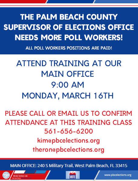 pbcsd's tweet photo. Interested in serving the community? @pbcelections is in need of more poll workers for this week's primary. All positions are paid. https://t.co/lcvzlmtahm
