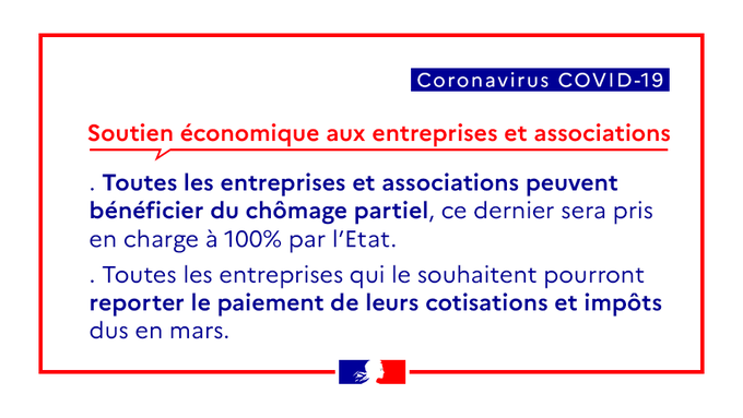 #Coronavirus | Les entreprises et les associations bénéficieront d’un soutien économique particulier pour faire face aux difficultés rencontrées. 

Pour plus d’informations sur le #Covid_19, consultez gouvernement.fr/info-coronavir… ou appelez le 0 800 130 000 (appel gratuit).