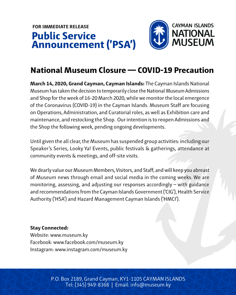 A gentle reminder that the Cayman Islands National Museum will be temporarily closed this coming week. conta.cc/38T6MPm