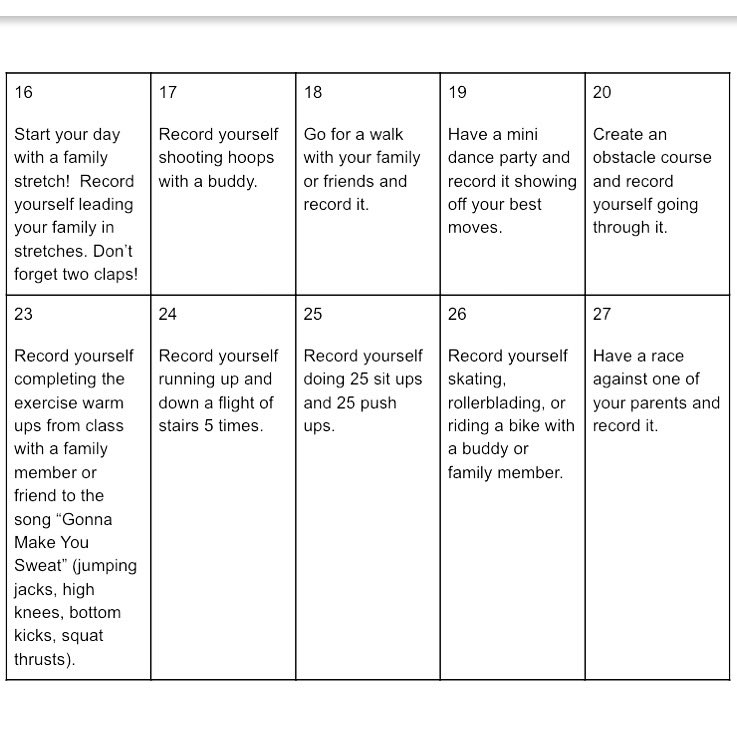 RiceCreek_PE's tweet photo. Dolphins, hereโs an exercise challenge for the next 2 weeks! Join your teachers in completing these tasks for a small surprise when we return to school! Make sure to tag us and use #DolphinsExercise . We will miss you & look forward to seeing you all in April! We love you! โค๏ธ๐ฌ https://t.co/CAPCTBc5Wx