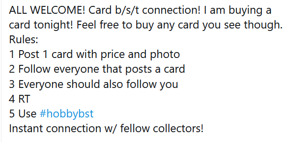 CobiesCards's tweet photo. Hello &amp; welcome to the HOBBY B/S/T CONNECTION thread!

My followers have almost doubled recently &amp; I want to leverage that growth to help the hobby.

RULES are in the image below!  

Please have fun &amp; follow/be followed by some great hobby accounts.  ALL WELCOME! https://t.co/fW1jzWrwFs